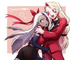 2girls absurdres aida_mei black_bow black_bowtie black_gloves black_nails black_skirt blonde_hair blush bow bowtie charlie_morningstar circle_facial_mark colored_sclera colored_skin cowboy_shot elbow_gloves eyepatch fangs fingerless_gloves gloves grey_skin hazbin_hotel highres hug jacket long_hair looking_at_another multiple_girls pants red_bow red_eyes red_jacket red_pants shirt shirt_tucked_in signature skirt smile vaggie white_hair white_shirt yuri