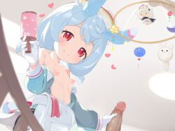 1boy 1girl blue_hair censored character_doll closed_mouth commentary_request doll erection flat_chest genshin_impact gloves handjob heart hetero highres holding lactation loli long_sleeves looking_at_viewer makuran mosaic_censoring nipples paimon_(genshin_impact) penis puffy_long_sleeves puffy_sleeves rattle red_eyes short_hair sigewinne_(genshin_impact) smile solo variant_set white_gloves
