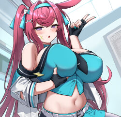 1girl absurdres animal_ears arknights bare_shoulders black_gloves blush breast_lift breasts dishui_tangni fingerless_gloves gloves grabbing_own_breast highres large_breasts long_hair looking_at_viewer navel open_mouth pink_hair purple_eyes rabbit_ears ray_(arknights) ray_(dreaming_high)_(arknights) skirt solo twintails v very_long_hair