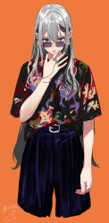 Rule 34 | 1girl, alternate costume, arm at side, belt, black belt, black hair, black pants, colored inner hair, cropped legs, delinquent, earrings, grey hair, hand to own mouth, hand up, hawaiian shirt, highres, higuchi kaede, isshiki (ffmania7), jewelry, long hair, looking at viewer, looking over eyewear, multicolored hair, multiple rings, nijisanji, open mouth, orange background, pants, purple eyes, ring, shirt, shirt tucked in, short sleeves, signature, simple background, solo, standing, sunglasses, virtual youtuber