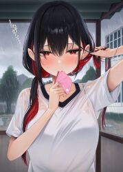 1girl absurdres aizen_chieri amane_sora black_hair black_nails blush breasts closed_mouth collarbone colored_inner_hair commentary_request heart heart-shaped_pupils highres large_breasts looking_at_viewer mole mole_under_mouth multicolored_hair nail_polish original outdoors rain red_eyes red_hair shirt short_sleeves symbol-shaped_pupils two-tone_hair upper_body wet wet_clothes white_shirt