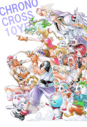 absurdres blonde_hair blue_hair braid breasts chrono_cross draggy everyone funtarunta glenn gloves guile_(chrono_cross) highres hoshi_no_ko karsh kid_(chrono_cross) korcha leah leena_(chrono_cross) long_hair marcy_(chrono_cross) marker_(medium) midriff millipen_(medium) multi-tied_hair multiple_boys multiple_girls nikki_(chrono_cross) pen_(medium) pip ponytail poshul razzly serge_(chrono_cross) skelly traditional_media turnip zoah