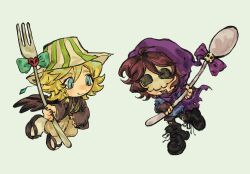2boys :3 absurdres androgynous bird_boy bird_wings black_hair black_wings bleach blonde_hair bow braid chibi chibi_only chinese_commentary commentary_request cosplay fork gem green_background green_gemstone hand_on_own_hip hardcore_heart highres holding holding_fork holding_spoon hood hood_up male_focus mask medium_hair minecraft minecraft_youtube missasinfonia multiple_boys open_mouth ph1lza qian_lun_yu_jiao quackity_smp sandals short_hair simple_background skull skull_mask smile spoon striped_clothes striped_headwear urahara_kisuke urahara_kisuke_(cosplay) wings