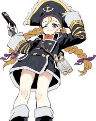 1girl binoculars black_coat blonde_hair blue_eyes braid buttons closed_mouth coat from_below gun hat highres holding holding_gun holding_weapon looking_at_viewer manarou one_eye_closed patty_fleur pirate_hat simple_background smile solo tales_of_(series) tales_of_vesperia twin_braids twintails weapon white_background