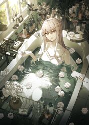 1girl :d bar_soap bare_shoulders bath bathing bathroom bathtub blonde_hair breasts candle candlestand chocolate clothed_bath collarbone commentary cosmetics cup double-parted_bangs dress drinking_glass empty_picture_frame faucet feet_out_of_frame flower frilled_dress frills from_above hair_between_eyes hair_intakes highres holding_water in_bathtub indoors jar knee_up light_particles long_hair long_sidelocks looking_at_viewer lotion_bottle nail_polish_bottle open_mouth original partially_submerged picture_frame plant potted_plant pouring ripples rose shampoo_bottle short_dress sidelocks sitting small_breasts smile soap_bottle solo spaghetti_strap symbol-only_commentary tamitami tile_floor tile_wall tiles vase water wet white_dress white_flower white_rose window windowsill wine_glass yellow_eyes