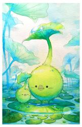 bellpepperart border closed_eyes closed_mouth commentary creature creature_focus final_fantasy final_fantasy_xiv korpokkur_(final_fantasy) leaf lily_pad no_humans painting_(medium) patreon_username plant_request smile sparkle standing traditional_media twitter_username water water_drop watercolor_(medium) watermark web_address white_border