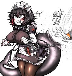 Rule 34 | 1boy, 1girl, absurdres, artist request, black hair, blush, breasts, colored tips, ellen joe, fins, fish tail, highres, korean commentary, large breasts, maid, maid headdress, mihoyo, motion blur, motion lines, multicolored hair, pantyhose, red nails, shark tail, sharp teeth, short hair, slapping, surprised, tail, teeth, thick thighs, thighs, translation request, wide-eyed, wise (zenless zone zero), zenless zone zero