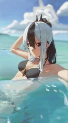 1girl absurdres afloat bikini black_bikini black_hair black_horns blue_archive blue_sky breasts cleavage cloud commentary day demon_horns ear_piercing english_commentary grey_hair halo hand_up highres horns innertube kayoko_(blue_archive) looking_at_viewer medium_breasts piercing ponytail red_eyes rifu002 sidelocks sky solo swim_ring swimsuit water