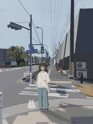 Rule 34 | 1girl, absurdres, bag, bicycle, blue pants, building, city, crosswalk, ghost, highres, kyora san, lamppost, long sleeves, no lineart, original, outdoors, pants, power lines, road, shoulder bag, sky, smile, solo, standing, tactile paving, traffic light, tree, utility pole, wide shot