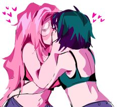 2girls alien_stage black_bra black_hair bra commentary english_commentary glasses heart highres kiss long_hair m0nacrose midriff mizi_(alien_stage) multiple_girls navel pink_hair round_eyewear short_hair simple_background sua_(alien_stage) underwear very_long_hair white_background yuri