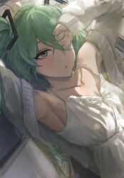 absurdres aqua_eyes aqua_hair armpits arms_up bare_shoulders blush breasts camisole cleavage coat collarbone hair_between_eyes hair_ornament hatsune_miku highres long_hair long_sleeves looking_at_viewer medium_breasts mon_(icebuko) open_mouth rubbing_eyes sleepy twintails vocaloid white_camisole white_coat