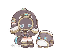 1boy bird black_gloves black_shorts blue_eyes chibi fingerless_gloves freminet_(genshin_impact) full_body genshin_impact gloves hand_up helm helmet hoshizuki_chimama lowres male_focus penguin pers_(genshin_impact) shorts simple_background sitting solo tears white_background
