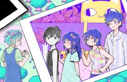 1girl 4boys antenna_hair aubrey_(headspace)_(omori) aubrey_(omori) basil_(headspace)_(omori) basil_(omori) big_yellow_cat_(omori) black_eyes black_hair blue_shirt blush bow brothers camera closed_eyes closed_mouth colored_skin cowboy_shot emily_shaw expressionless facing_another flower_wreath green_eyes green_hair green_shirt grin hair_bow head_wreath hero_(headspace)_(omori) hero_(omori) highres holding holding_camera kel_(headspace)_(omori) kel_(omori) long_hair long_sleeves looking_at_another multiple_boys omori omori_(omori) open_mouth overall_shorts overalls pajamas parted_lips pink_bow purple_eyes purple_hair revision shirt short_hair short_sleeves siblings sleeveless smile teeth white_skin