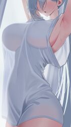 1girl absurdres alternate_costume armpits arms_up blue_archive blush breasts breath commentary_request grey_hair head_out_of_frame highres large_breasts leavv long_hair mixed-language_commentary naked_shirt no_pants open_mouth ponytail see-through_clothes see-through_shirt see-through_silhouette shiroko_(blue_archive) shiroko_terror_(blue_archive) shirt solo sweat very_long_hair white_shirt wolf_girl
