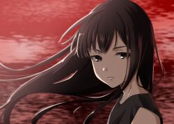 1girl black_hair black_tank_top brown_eyes brown_hair chigayasan closed_mouth collarbone commentary_request expressionless eyelashes kajiro_miyako long_hair looking_at_viewer ocean outdoors portrait red_background siren_1 solo tank_top wind