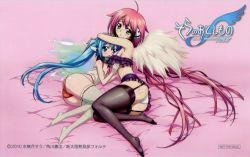 2010 2girls age_difference ahoge aqua_eyes arm_on_own_head ass bed_sheet black_legwear blonde_hair blue_eyes blush breast_press breasts camisole copyright_notice dated feathered_wings female_focus flat_chest full_body garter_straps hair_ribbon height_difference ikaros large_breasts logo loli long_hair looking_at_viewer lying multiple_girls not_for_sale nymph_(sora_no_otoshimono) official_art on_side onee-loli open_mouth panties pink_hair pointy_ears red_panties ribbon robot_ears sora_no_otoshimono thighhighs underwear underwear_only very_long_hair white_legwear white_panties white_wings wings yuri