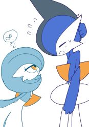 Rule 34 | 1boy, 1girl, = =, alternate color, arm at side, arm behind head, arm up, arms behind back, blue hair, blue skin, bob cut, closed eyes, colored skin, facing another, flat chest, flat color, flying sweatdrops, from side, gallade, gardevoir, gen 3 pokemon, gen 4 pokemon, grey hair, hair over one eye, half-closed eyes, happy, height difference, leaning forward, looking at another, mohawk, monya, multicolored hair, multicolored skin, musical note, nervous smile, nintendo, one eye covered, open mouth, orange eyes, pokemon, pokemon (creature), profile, scratching head, shiny pokemon, short hair, simple background, smile, speech bubble, spoken musical note, sweat, thought bubble, two-tone hair, two-tone skin, white background, white skin
