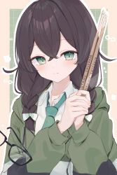 Rule 34 | 1girl, absurdres, black-framed eyewear, black hair, braid, cevio, drumsticks, glasses, green eyes, green necktie, hanakuma chifuyu, highres, long hair, looking at viewer, low twin braids, necktie, shirt, smile, solo, synthesizer v, twin braids, unworn eyewear, yojine