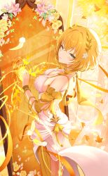 1girl absurdres aglaea_(honkai:_star_rail) bare_shoulders bird blonde_hair blush breasts cleavage commentary_request dress flower from_side green_eyes hair_between_eyes hand_up highres honkai:_star_rail honkai_(series) long_hair looking_at_viewer looking_to_the_side medium_breasts parted_lips red_flower shou_choujin_juntuan solo very_long_hair white_dress yellow_flower