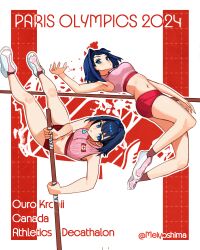 1girl 2024_summer_olympics absurdres alternate_costume armpits bare_arms blue_eyes blue_hair border breasts buruma canada canadian_flag canadian_flag_background commentary english_commentary english_text flag_background hair_intakes high_jump highres hololive hololive_english large_breasts meiyoshima midriff multiple_views navel olympics ouro_kronii pink_shoes pole_vault red_buruma red_socks red_sports_bra shoes short_hair socks sports_bikini sports_bra track_and_field track_uniform twitter_username two-tone_footwear virtual_youtuber white_border white_footwear