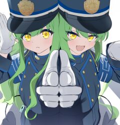 2girls armband blue_archive blue_armband blue_hat blue_jacket blue_shorts blue_skirt buttons closed_mouth commentary_request demon_tail double-breasted fang gloves green_halo grey_hair halo hat hikari_(blue_archive) jacket looking_at_viewer multiple_girls nozomi_(blue_archive) open_mouth peaked_cap pleated_skirt pointing pointing_at_viewer shorts skin_fang skirt tail wet_09994 white_background white_gloves yellow_eyes