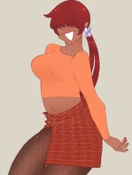 1girl 1shermieaday breasts curvy dark-skinned_female dark_skin earrings female_focus heart huge_breasts jewelry large_breasts long_hair long_sleeves ponytail red_hair shermie_(kof) skirt smile smiley_face tan the_king_of_fighters thick_thighs thighs twintails wide_hips
