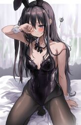 1girl 3: animal_ears arm_support bare_shoulders black_bow black_bowtie black_hair black_hairband black_leotard blush bow bowtie breasts closed_mouth collarbone covered_navel detached_collar fake_animal_ears hair_between_eyes hairband highres iseya_chiyori_(saya) leotard long_hair loose_bowtie mole mole_on_breast no_shoes one_eye_closed open_collar original oversized_breast_cup playboy_bunny purple_eyes rabbit_ears rubbing_eyes saya_(mychristian2) solo squatting squiggle strapless strapless_leotard sweat wrist_cuffs