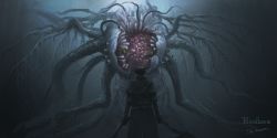 1other alien ambiguous_gender bloodborne ebrietas_daughter_of_the_cosmos eldritch_abomination extra_arms facing_another from_behind gloves green_eyes gun handgun hat highres holding holding_weapon hunter_(bloodborne) monster pistol saw saw_cleaver skeletal_wings slug solo tentacles tripdancer weapon wings