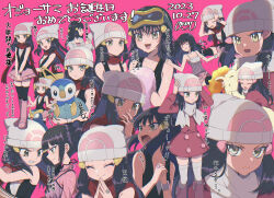 1girl absurdres animal animal_hug beanie black_thighhighs boots brown_eyes closed_mouth coat collarbone crying dated dawn_(pokemon) eyelashes gen_1_pokemon gen_4_pokemon goggles goggles_on_head hair_spread_out hat highres holding holding_towel jewelry long_hair lying mokorei multiple_views nintendo on_back open_mouth own_hands_together pink_background pink_boots pink_coat piplup pokemon pokemon_adventures prinplup rapidash ring scarf smile swim_goggles thighhighs towel wet white_hat white_scarf white_thighhighs wristband