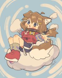 Rule 34 | 1girl, ahoge, animal ear fluff, animal ears, black collar, black ribbon, black shorts, blue eyes, blush stickers, brown hair, collar, commentary request, dog ears, dog girl, dog tail, fangs, full body, grey socks, hair ornament, hair ribbon, hairclip, highres, jacket, layered sleeves, long hair, long sleeves, low-tied long hair, mamehinata, notamaru 2, on cloud, open mouth, outstretched arms, parallel hairclips, red jacket, red shoes, ribbon, shoes, short over long sleeves, short sleeves, shorts, sitting, skin fangs, socks, solo, spread arms, tail, vrchat