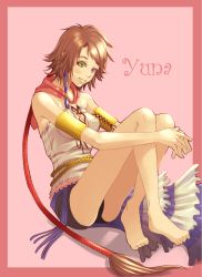 00s 1girl ass black_shorts blue_eyes breasts brown_hair cleavage feet female_focus final_fantasy final_fantasy_x final_fantasy_x-2 green_eyes hair_ornament heterochromia highres holixholi jewelry long_hair long_legs short_hair shorts smile solo yuna yuna_(ff10)