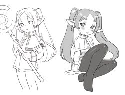 Rule 34 | 1girl, arm support, blush, capelet, closed mouth, dress, earrings, elf, feet out of frame, frieren, highres, holding, holding staff, jewelry, knee up, long hair, long sleeves, looking at viewer, monochrome, multiple views, pantyhose, pointy ears, qtkat, sidelocks, simple background, sitting, sousou no frieren, staff, standing, thighs, toes, twintails, white background