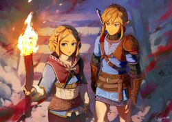 1boy 1girl absurdres armor belt black_capelet black_gloves black_pants black_undershirt blonde_hair blue_eyes blue_tunic braid brown_belt capelet champion&#039;s_tunic_(zelda) cowboy_shot crown_braid double-parted_bangs film_grain fingerless_gloves from_above gloves hair_ornament hairclip highres holding holding_torch lapel_chain layered_clothes layered_sleeves light link looking_ahead looking_at_another multiple_belts nintendo pants parted_lips pauldrons pointy_ears princess_zelda shadow short_hair shoulder_armor shoulder_belt signature single_pauldron stairs standing the_legend_of_zelda the_legend_of_zelda:_tears_of_the_kingdom thick_eyebrows torch tunic turtleneck white_pants white_undershirt yos_(72112764)