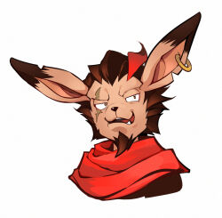 1boy afk_(series) afk_arena animal_ears commentary_request earrings facial_hair furry furry_male goatee jewelry khasos_(afk) looking_to_the_side male_focus multicolored_hair okn_369 open_mouth red_scarf scar scar_across_eye scar_on_face scarf single_earring smile streaked_hair upper_body white_background