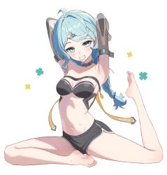 1girl absurdres ahoge aqua_eyes aqua_hair armpits arms_up barefoot bra braid breasts clover_hair_ornament dolphin_shorts grey_shorts hair_ornament hair_tie_in_mouth highres long_hair medium_breasts mole mole_on_shoulder mouth_hold seed_(zenless_zone_zero) shorts single_braid spread_legs strapless strapless_bra toes underwear unnunal_(unneonal) zenless_zone_zero