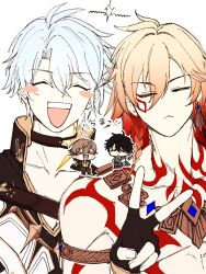 4boys antenna_hair black_choker black_gloves black_hair blonde_hair braid caelus_(honkai:_star_rail) chest_tattoo chibi choker closed_eyes coat commentary_request dan_heng_(honkai:_star_rail) dan_heng_(hunt)_(honkai:_star_rail) facial_tattoo fingerless_gloves gloves gradient_hair grey_hair hair_between_eyes highres honkai:_star_rail honkai_(series) male_focus medium_hair multicolored_hair multiple_boys mydei_(honkai:_star_rail) neck_tattoo phainon_(honkai:_star_rail) red_hair red_tattoo sakae_0_0 short_hair side_braid sun_symbol sun_tattoo tan tattoo trailblazer_(honkai:_star_rail) v white_coat white_hair