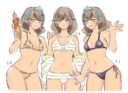 3girls 50qianmi bikini black_bikini breasts brown_hair final_fantasy final_fantasy_xiv frilled_bikini frills gluteal_fold gold_bikini golden_week golden_week_bikini green_eyes green_hair hyur ice_cream_cone multicolored_hair multiple_girls navel queen_sphene shiny_swimsuit simple_background small_breasts sphene_(ff14) stomach streaked_hair swimsuit thigh_gap tiara white_bikini