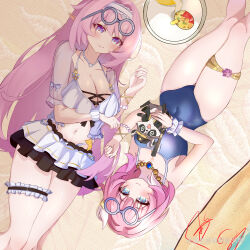 2girls absurdres animalization bikini bikini_skirt blue_eyes blue_one-piece_swimsuit breasts chinese_commentary cleavage color_connection commentary_request company_connection covered_navel cyrene_(honkai:_star_rail) elysia_(honkai_impact) elysia_(miss_pink_elf)_(honkai_impact) elysia_(summer_miss_elf)_(honkai_impact) eyewear_on_head feet_out_of_frame frilled_thigh_strap hair_color_connection hair_ornament hairband highres honkai:_star_rail honkai_(series) honkai_impact_3rd inoue_marina jewelry large_breasts lying multiple_girls navel necklace on_back one-piece_swimsuit pink_hair round_eyewear school_swimsuit shell shell_necklace short_hair stomach swimsuit thigh_strap trailblazer_(honkai:_star_rail) voice_actor_connection white_bikini white_hairband xiao_yue_lun_feng_wu yanning