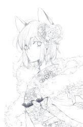 Rule 34 | 1boy, absurdres, androgynous, aoyagi ritsuka, butterfly ornament, cat boy, closed mouth, crossdressing, crossdressing (mtf), expressionless, extra ears, feather boa, floral print, floral print kimono, flower, from side, greyscale, hair between eyes, hair flower, hair ornament, highres, japanese clothes, kanzashi, kimono, kouga yun, lace trim, looking at viewer, looking to the side, loveless, male focus, monochrome, obi, print kimono, sash, short hair, sidelocks, simple background, solo, tsumami kanzashi, upper body, white background