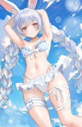 1girl absurdres animal_ear_fluff armpits arms_behind_head arms_up bare_arms bare_shoulders bikini blue_bikini blue_hair blue_sky blunt_bangs bow braid breasts cameltoe cloud day feet_out_of_frame frilled_bikini frills gluteal_fold hair_ornament halterneck highleg highleg_bikini highres hololive leg_ribbon lens_flare long_hair looking_at_viewer multicolored_hair navel orange_eyes outdoors parted_lips plaid_bikini plaid_clothes rabbit_ears ribbon short_eyebrows skindentation sky small_breasts solo swimsuit thick_eyebrows thigh_ribbon thigh_strap twin_braids twintails two-tone_hair usada_pekora usada_pekora_(summer) very_long_hair virtual_youtuber wakaunderblade7 white_bikini white_bow white_hair white_ribbon