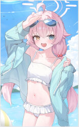 1girl absurdres ahoge bikini blue_archive blue_eyes blue_jacket breasts cameltoe commentary eyewear_on_head fang frilled_bikini frills hair_bobbles hair_ornament halo heterochromia highres hoshino_(blue_archive) hoshino_(swimsuit)_(blue_archive) jacket long_hair long_sleeves looking_at_viewer low_twintails luo_shu navel official_alternate_costume open_mouth pink_hair pink_halo small_breasts solo sunglasses swimsuit twintails white_bikini yellow_eyes