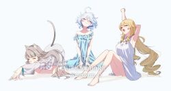 3girls ahoge animal_ear_fluff animal_ears arm_up bare_legs bare_shoulders barefoot blonde_hair blue_hair cat_ears cat_girl cat_stretch cat_tail closed_eyes drill_hair drooling furina_(genshin_impact) genshin_impact grey_hair highres kneeling long_hair lynette_(genshin_impact) momosarami mouth_drool multicolored_hair multiple_girls navia_(genshin_impact) nightgown open_mouth short_hair simple_background sitting sleepy stretching tail wariza white_hair yawning