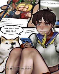 1girl arc_system_works ayaki_blade beast_boy_(dc) blue_mary brown_eyes brown_hair cammy_white capcom comic crossover crying crying_with_eyes_open dc_comics dog english_text engrish_text fatal_fury giovanna_(guilty_gear) guilty_gear headband highres holding holding_smoking_pipe instagram kasugano_sakura mouth_hold ranguage raven_(dc) school_uniform serafuku shiba_inu short_hair sitting smoking_pipe snk street_fighter street_fighter_6 street_fighter_v tearing_up tears teen_titans the_king_of_fighters twitter_username watermark white_headband