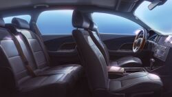 blue_sky blurry blurry_background car_interior car_seat day highres leather motion_blur no_humans non-web_source official_art our_life:_beginnings_and_always rear-view_mirror scenery seatbelt side-view_mirror sky steering_wheel window_light