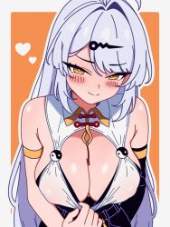 arm_strap blush breasts cleavage hair_ornament heart large_breasts looking_at_viewer magikflaan naughty_face pulling_own_clothes simple_background single_sleeve smile white_hair yellow_eyes yi_xuan_(zenless_zone_zero) yin_yang zenless_zone_zero