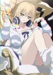 1girl :o blonde_hair dress fate/grand_order fate_(series) food hair_between_eyes head_tilt headphones headphones_around_neck highres holding holding_food holding_wand jeanne_d&#039;arc_(fate) long_hair long_sleeves looking_at_viewer macaron metatron_jeanne_(fate) mishiro_(ixtlolton) sitting solo very_long_hair wand white_dress yellow_eyes
