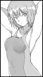 1girl amagami armpits arms_behind_head breasts competition_school_swimsuit cowboy cowboy_shot cowboy_western greyscale looking_at_another medium_hair mobu monochrome nanasaki_ai school_swimsuit small_breasts solo swimsuit western