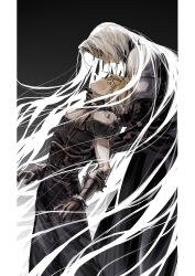 2boys absurdres armor bailu_hengjiang black_background blonde_hair blue_eyes cloud_strife final_fantasy final_fantasy_vii gloves green_eyes grey_hair hand_on_another&#039;s_neck highres long_hair looking_at_another male_focus multiple_boys pauldrons sephiroth short_hair shoulder_armor slit_pupils standing yaoi