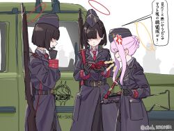 3girls anger_vein black_hair black_jacket blue_archive bolt_action book breasts car clich51368861 closed_eyes garrison_cap gloves gun gun_sling halo hat holding holding_book jacket kaya_(blue_archive) large_breasts mauser_98 motor_vehicle multiple_girls necktie pandemonium_society_member_(blue_archive) pink_hair red_halo rifle submachine_gun walther_mp weapon