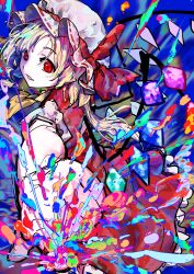 1girl ascot blonde_hair cowboy_shot crystal crystal_wings flandre_scarlet frilled_shirt_collar frills hair_between_eyes hat hat_ribbon highres looking_at_viewer mob_cap pale_skin puffy_short_sleeves puffy_sleeves red_eyes ribbon shirt short_hair short_sleeves side_ponytail skirt smile solo touhou wings yellow_ascot yuara